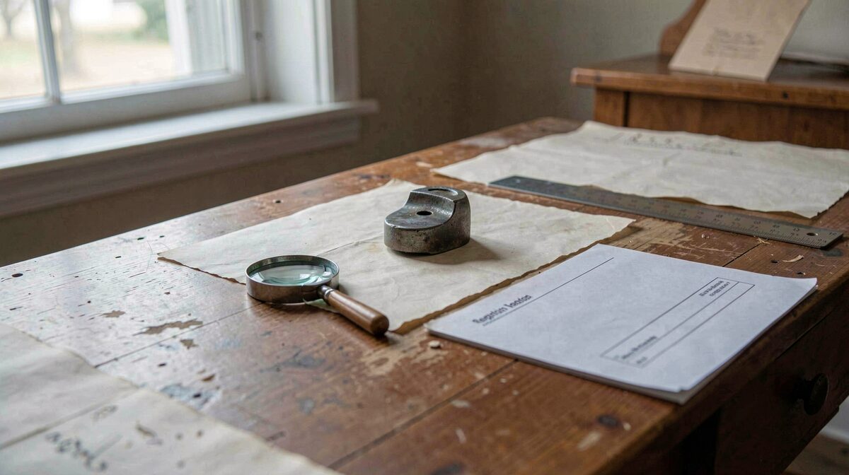 Una mesa de trabajo de museo local con una pieza metálica sin identificar sobre papel de archivo, una lupa, una regla y una ficha de registro en blanco, iluminada por luz de ventana lateral.