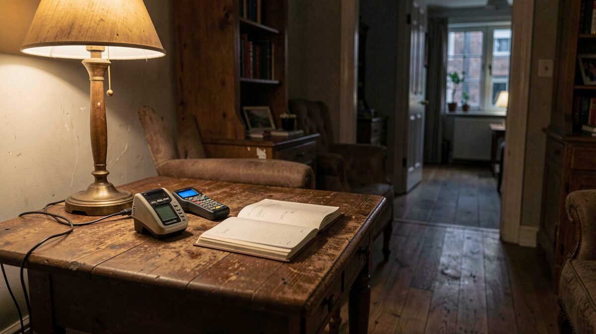 Una mesa de madera en una sala de estar antigua por la noche, con una grabadora de audio, un termómetro de infrarrojos y un cuaderno abierto bajo la luz cálida de una lámpara, cables extendidos hacia el pasillo al fondo.